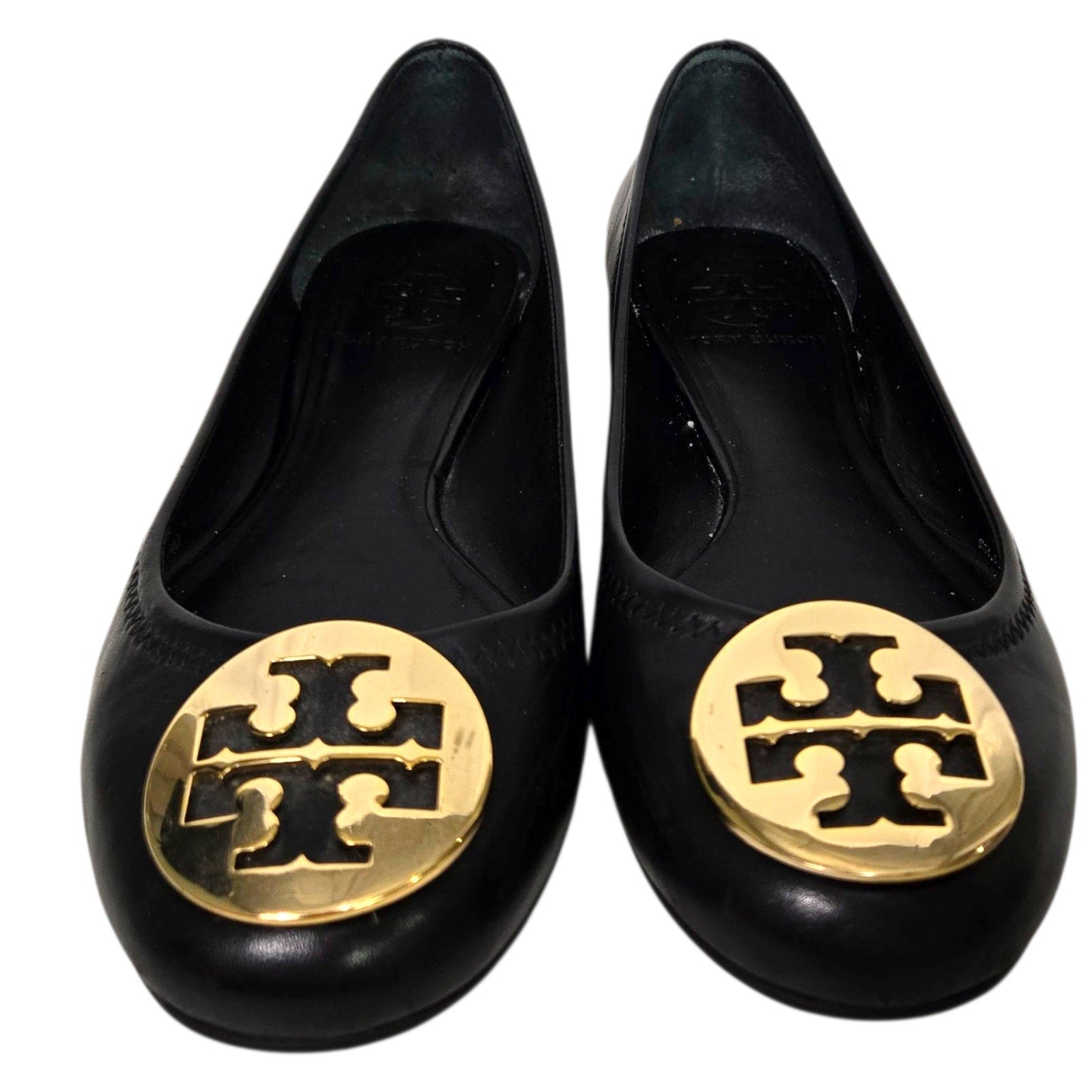 Tory Burch Reva Mestico Ballet Flats Black Leather Round Toe Logo Medallion 6