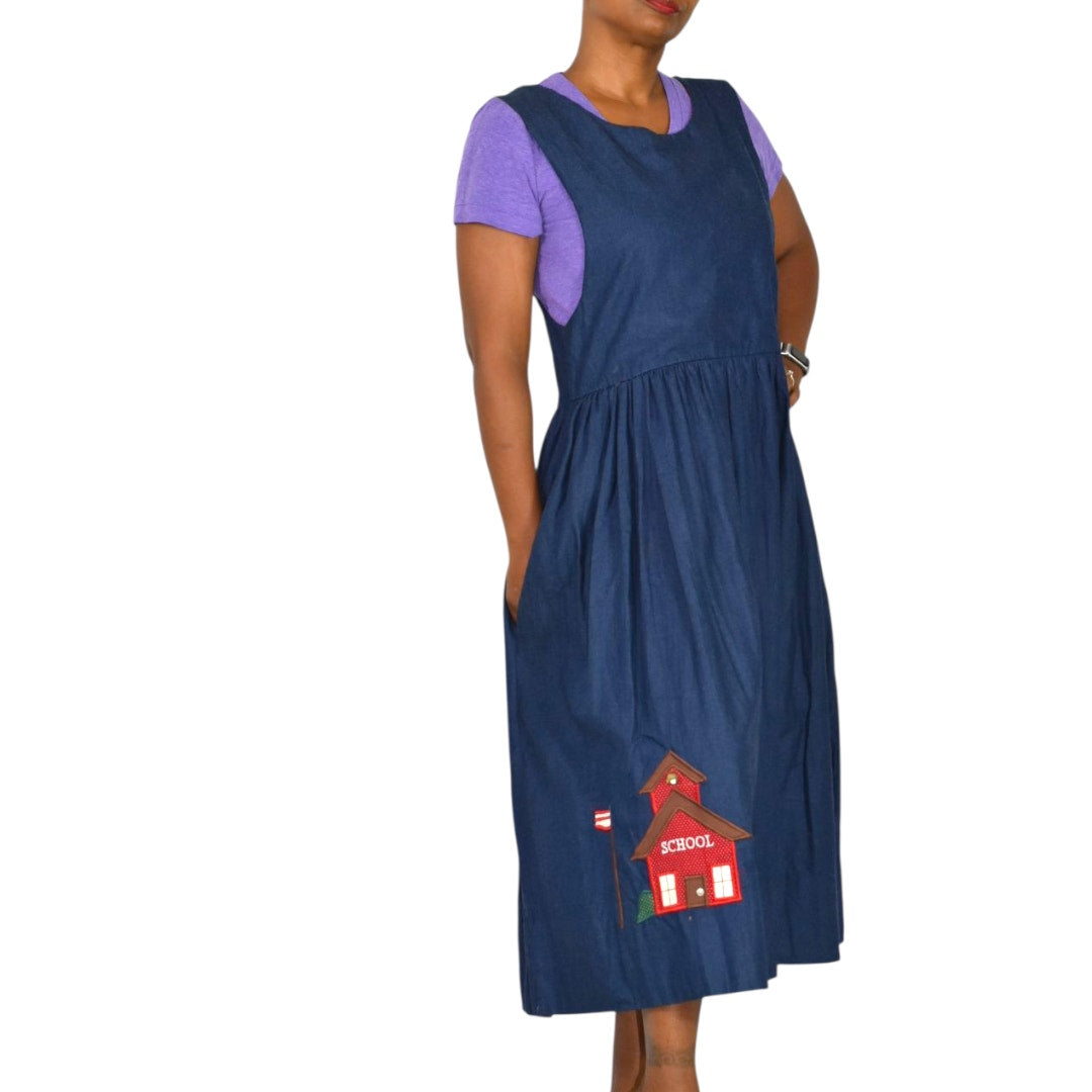 Vintage Betsys Denim Pinafore Dress Blue Teacher Applique Smock Patchwork Long School Medium