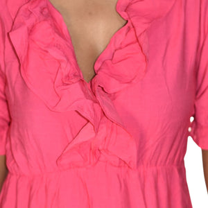 Zara Frilly Dress Pink Bright Hot Fuchsia Midi Tiered Romantic Girly Ruffle Neck Large