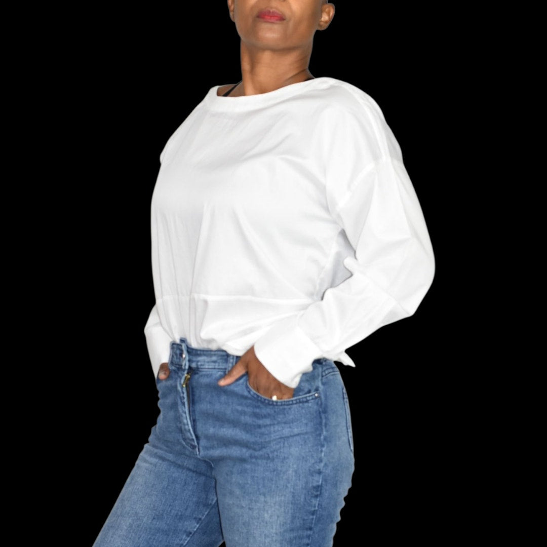 Harshman Anthropologie Cotton Blouse White Shirt Tie Button Back Oversized Backwards Small