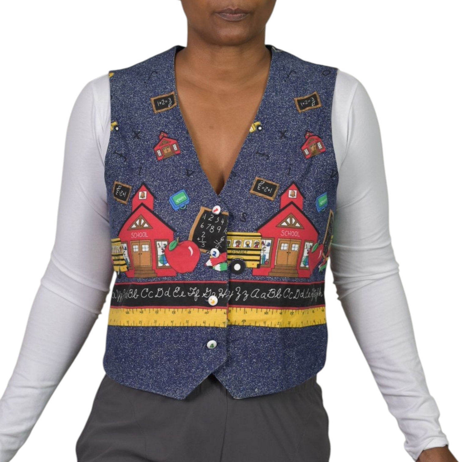 Homemade School Bus Teacher Vest Blue Kids Bus Button Front Cotton Novelty Waistcoat Small