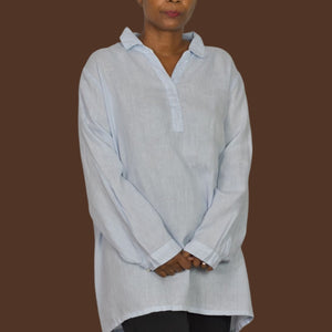 Match Point Linen Tunic Light Blue Collared V Neck Long Sleeve Popover Shirt XL