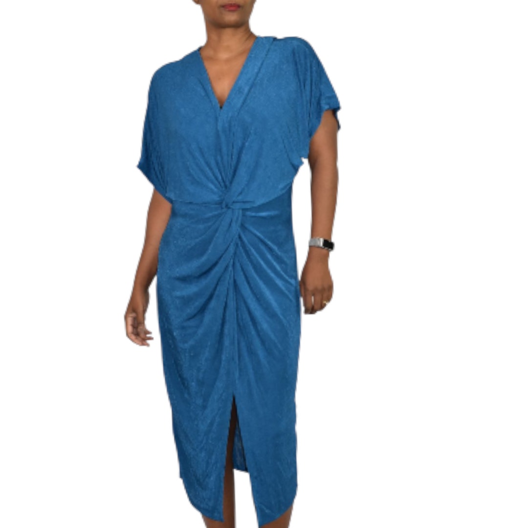 Floerns Dress Teal Blue Jersey Midi Ruched Knot Front Slit Shimmer Stretch Draped XL
