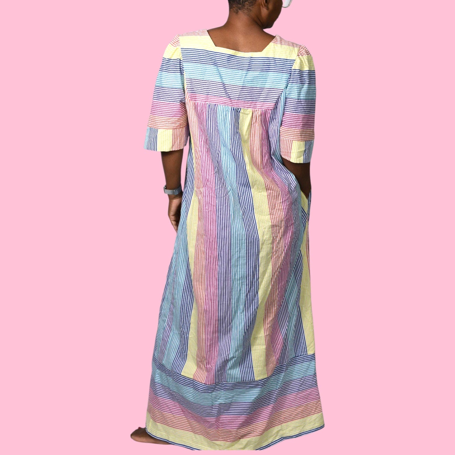 Vintage Saybury Rainbow Stripe Dress Pink Seersucker Sundress Long Patio House Sack Housecoat Muumuu Large