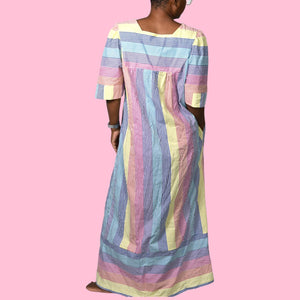 Vintage Saybury Rainbow Stripe Dress Pink Seersucker Sundress Long Patio House Sack Housecoat Muumuu Large