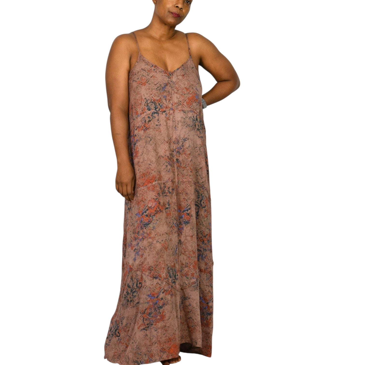 Hinge Slip Dress Brown Print Maxi Rayon Sundress Spaghetti Straps Lounge Tent Flowy Simple Small