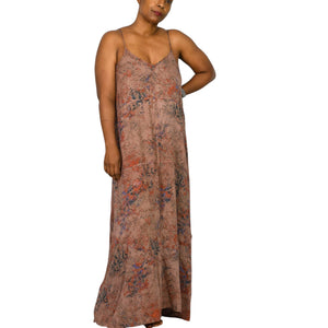 Hinge Slip Dress Brown Print Maxi Rayon Sundress Spaghetti Straps Lounge Tent Flowy Simple Small
