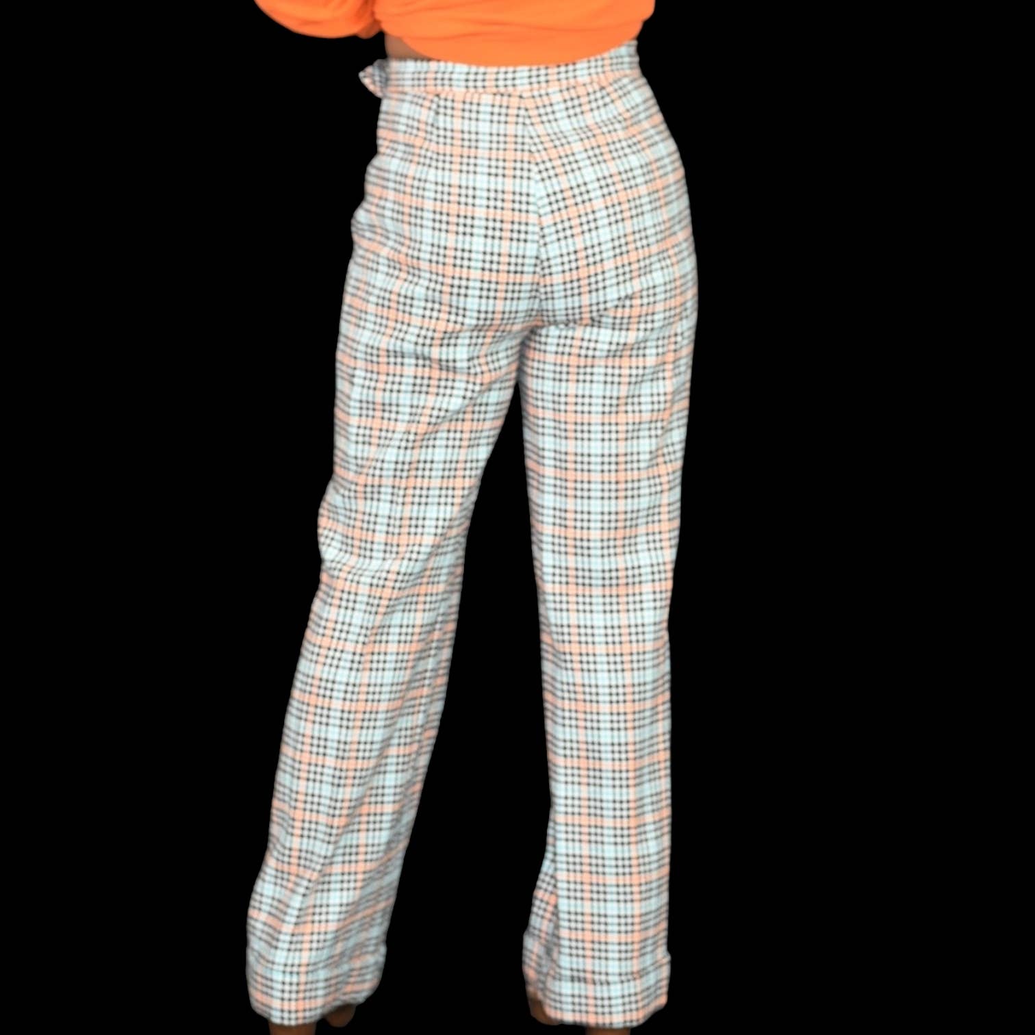 Vintage JCP Plaid Pants Blue Houndstooth Penneys Cuffed Flare Bell Bottoms Trousers 70s Wide Leg High Waist Size 4 27