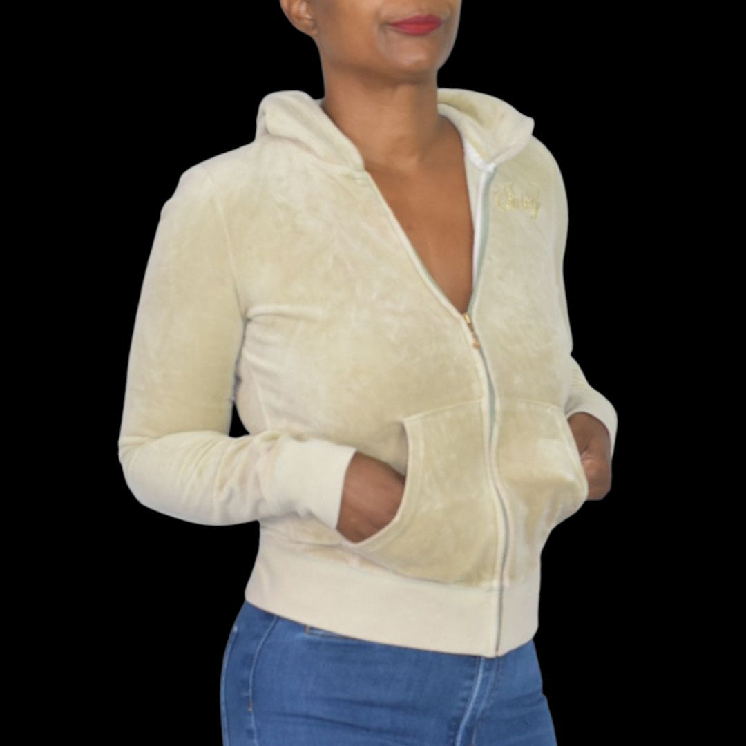 Juicy Couture Velour Hoodie Beige Zip Front Y2K Jacket Leopard Diamond Airbrush Logo Small