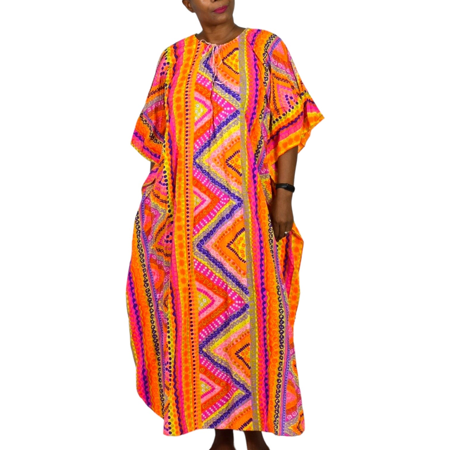 Vintage Abstract Psychedelic Accordion Caftan Dress Pink Geo Neon Dayglo Rainbow Print Maxi 60s 70s One Size S M L