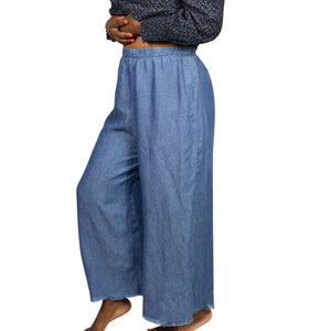 Show Me Your Mumu Explorer Pants Blue Chambray Flare Wide Leg High Waist Pull On Small