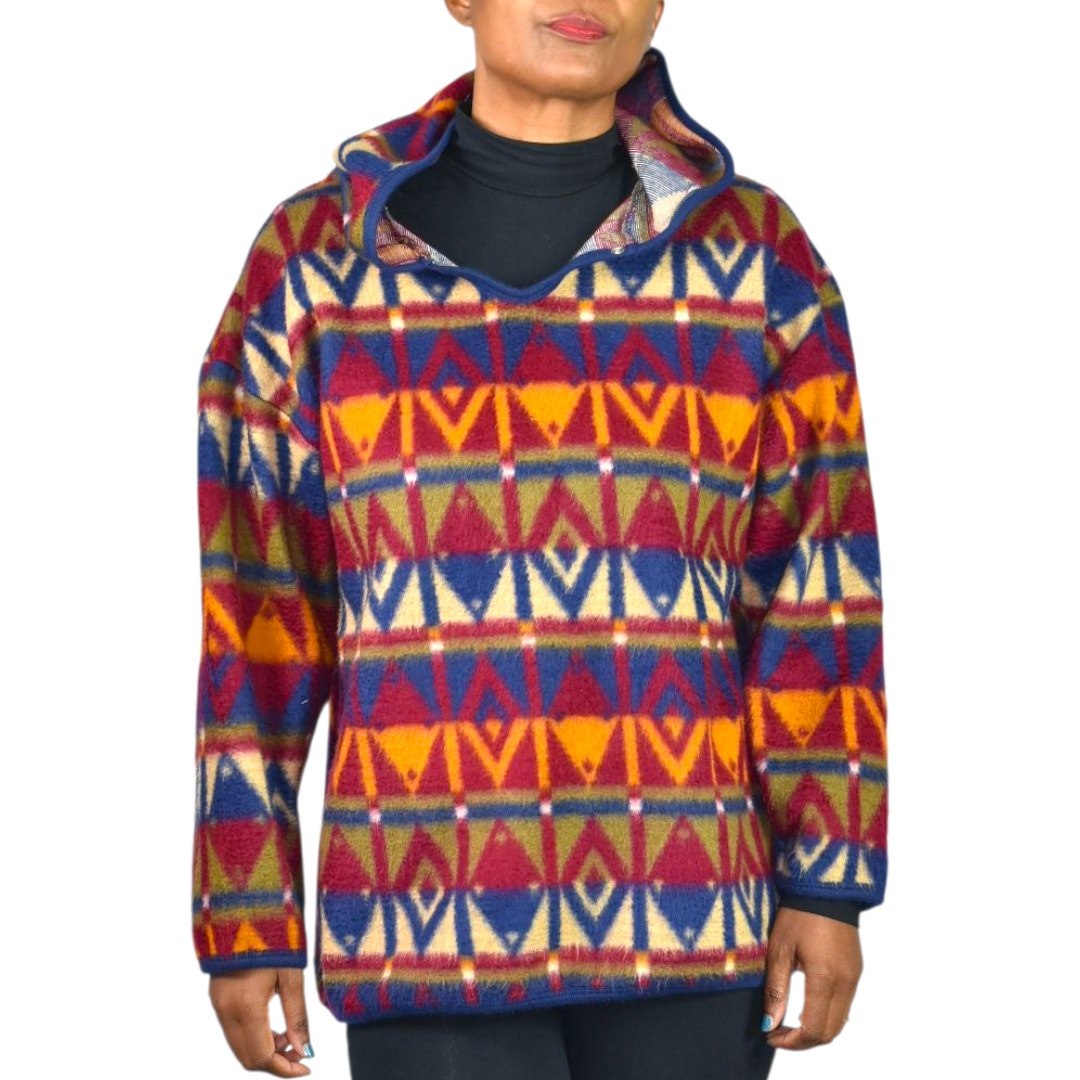 Vintage Jordache Concepts Fleece Jacket Ski Pullover Aztec Geometric Hooded 90s Medium