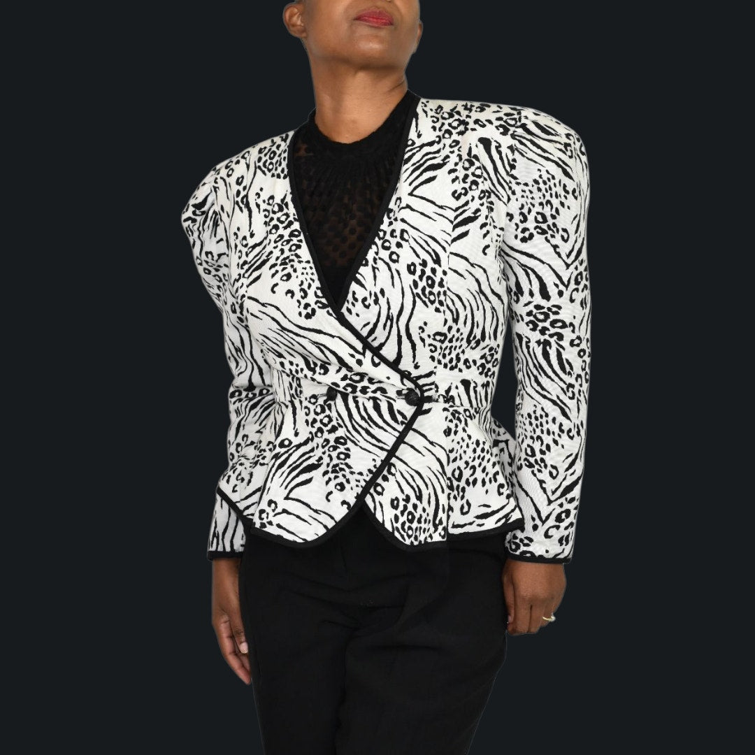 Vintage Jessica Howard 80s Power Blazer Jacket White Black Animal Print Shoulder Pads Peplum Small