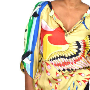 TIBI Silk Printed Tunic Yellow Colorful Peacock Jeweled Studded Blue Cutouts Birds 6
