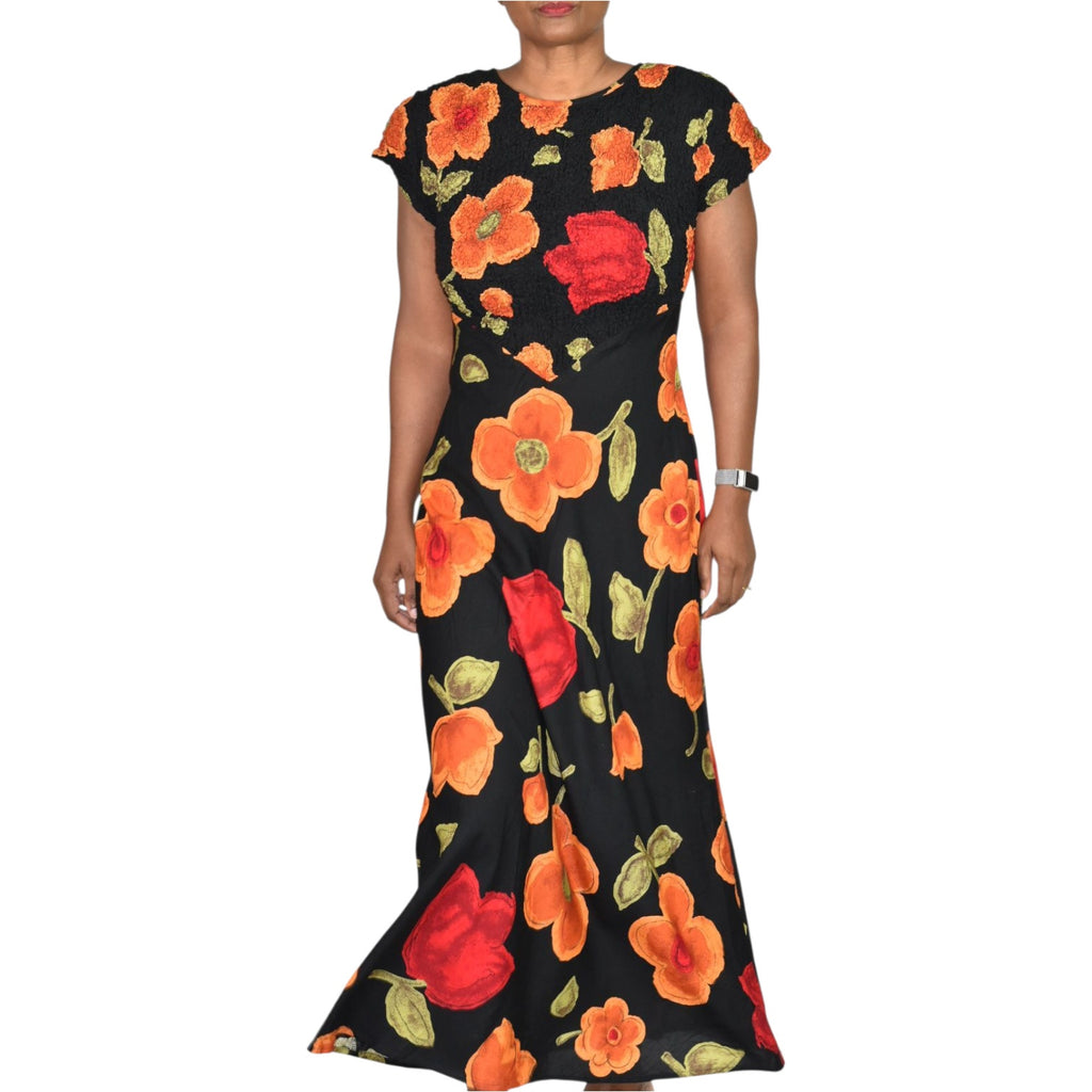 Jeffrey Dara Vintage Floral Maxi Dress Black Floral Flowers Rayon Shoulder Pads Column Deadstock 8 Medium