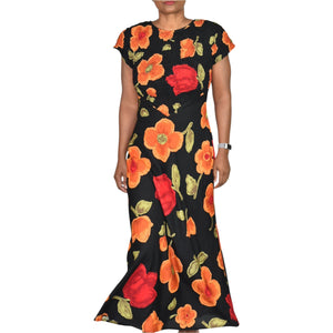 Jeffrey Dara Vintage Floral Maxi Dress Black Floral Flowers Rayon Shoulder Pads Column Deadstock 8 Medium