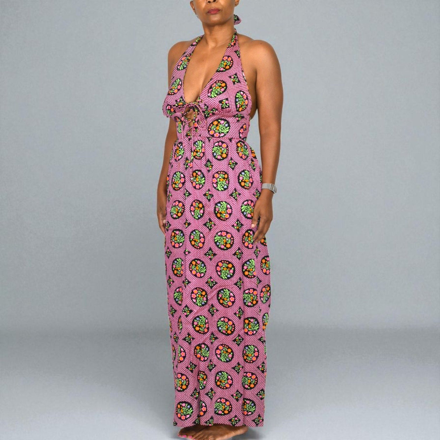 Vintage Beach Mates Halter Maxi Dress Pink Acrylic Floral Print Check Garden 70s Coverup Hippie Small
