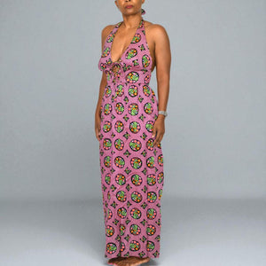 Vintage Beach Mates Halter Maxi Dress Pink Acrylic Floral Print Check Garden 70s Coverup Hippie Small
