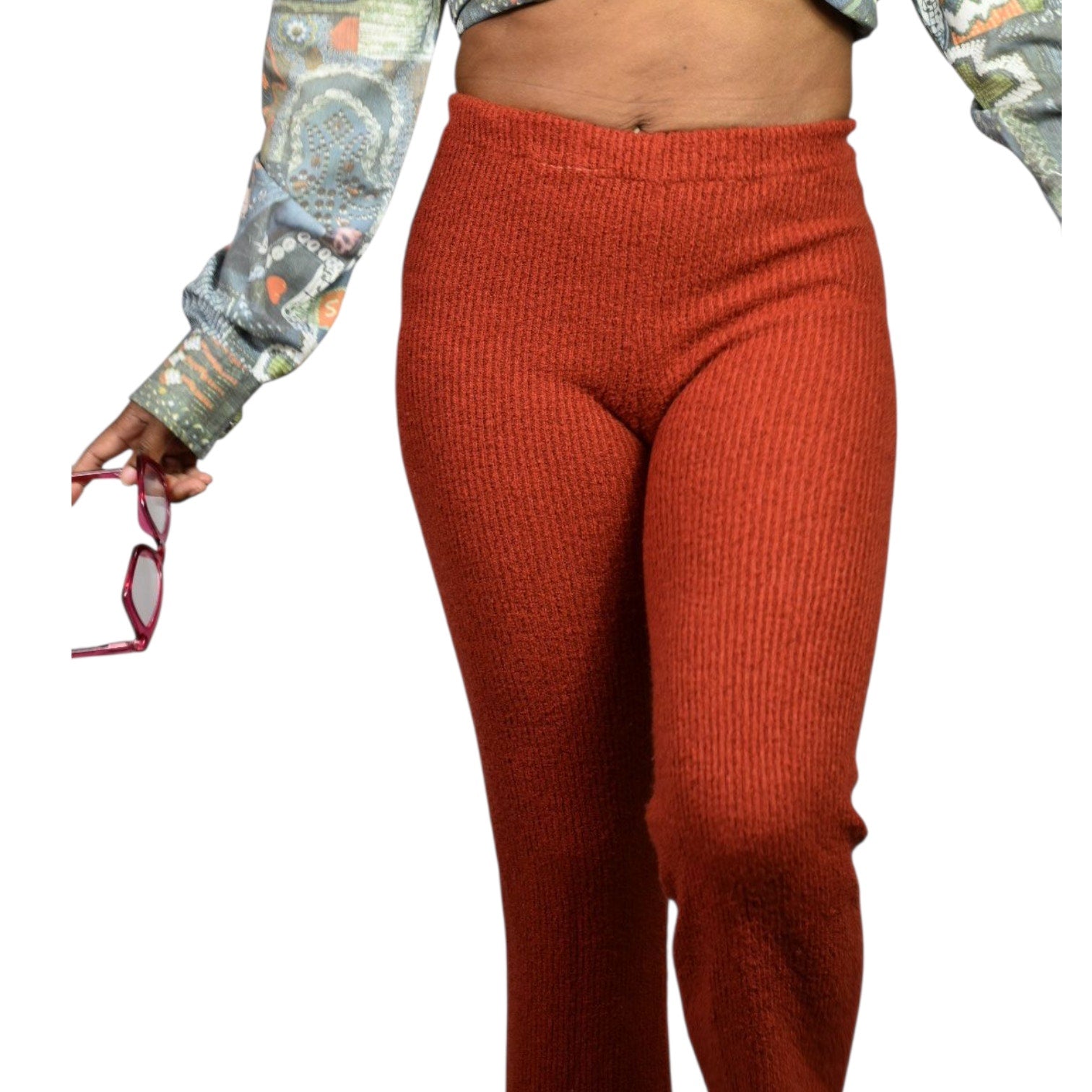 Vintage Young Canada Sweater Knit Pants Red Ribbed Pull On Elastic Flare 70s Small