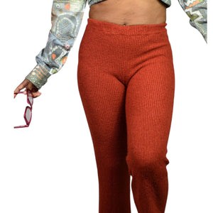 Vintage Young Canada Sweater Knit Pants Red Ribbed Pull On Elastic Flare 70s Small