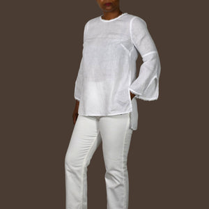 J Jill White Linen Tunic Top Bell Sleeve Boxy Relaxed Casual Slit Lightweight XS