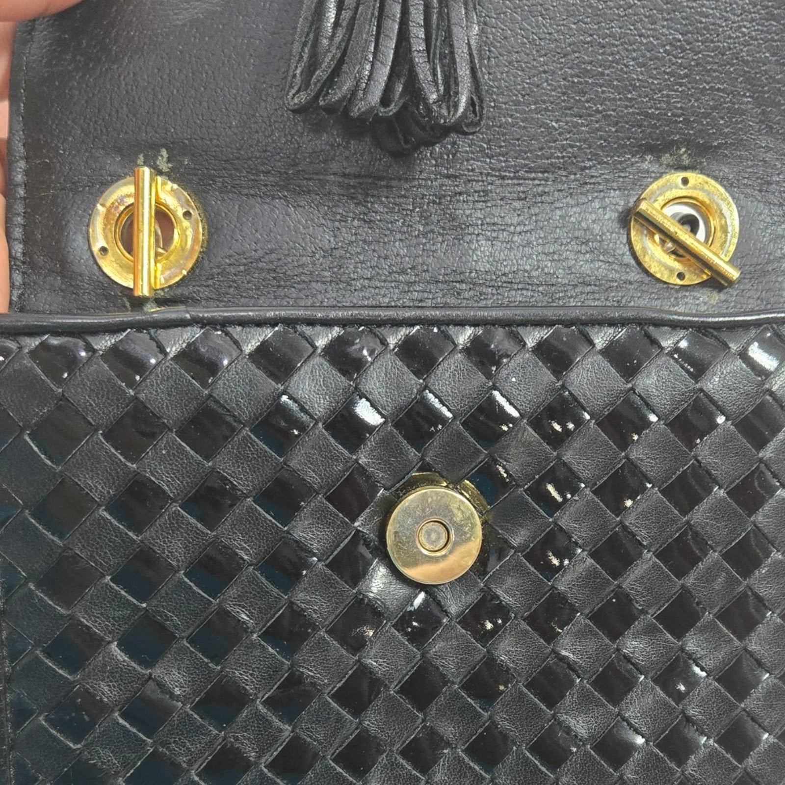 Vintage Talbots Woven Tassel Bag Black Leather Crossbody Mini Box Square Snap Flap Envelope