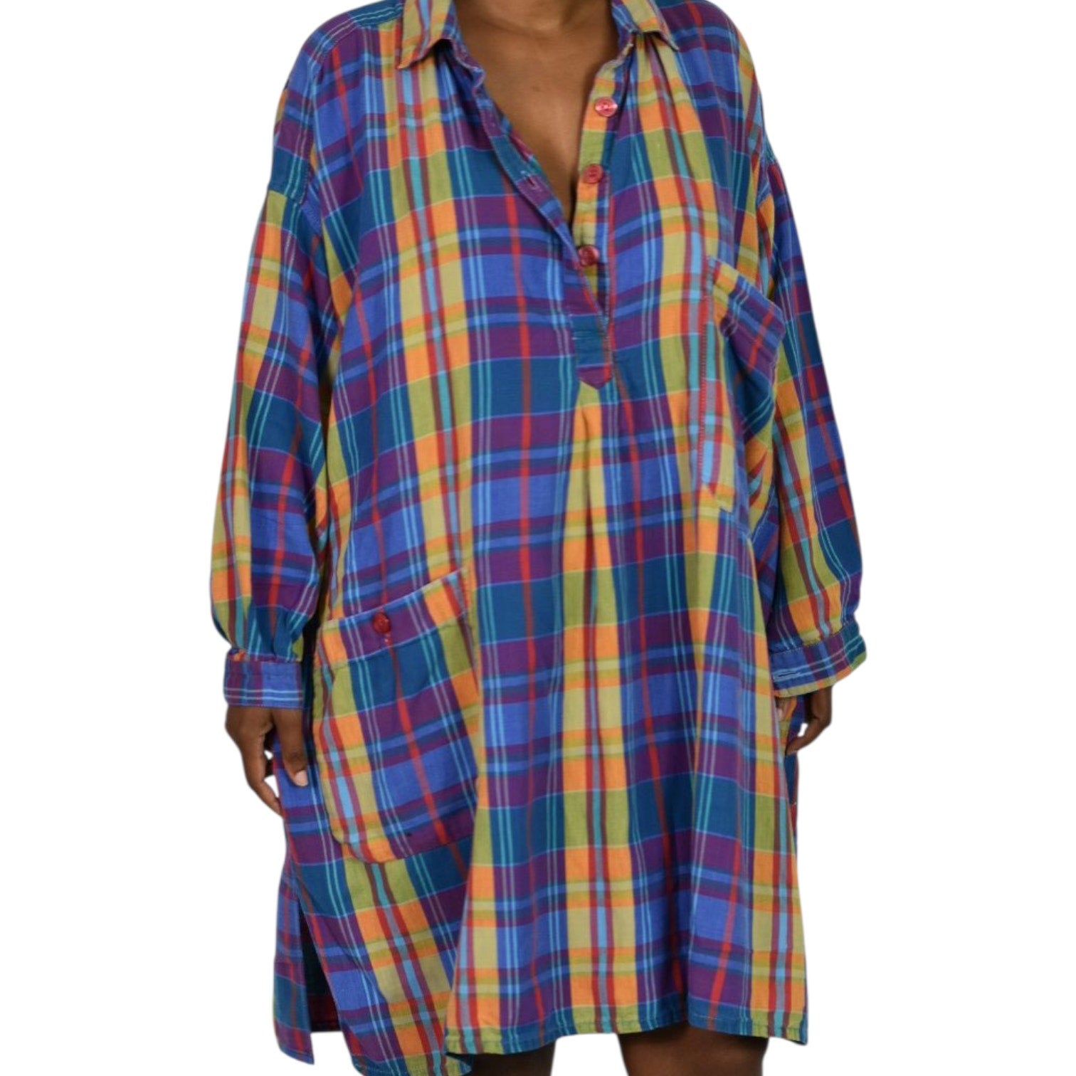 Bloomingdales Lingerie Vintage Nightshirt Blue Plaid Check Bloomies Shirtdress Button Front Dress Pockets Cotton Oversized One Size