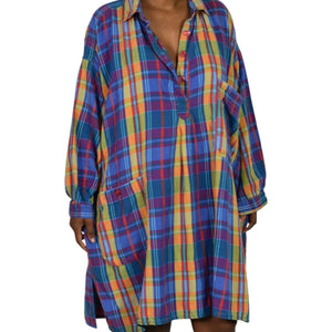 Bloomingdales Lingerie Vintage Nightshirt Blue Plaid Check Bloomies Shirtdress Button Front Dress Pockets Cotton Oversized One Size