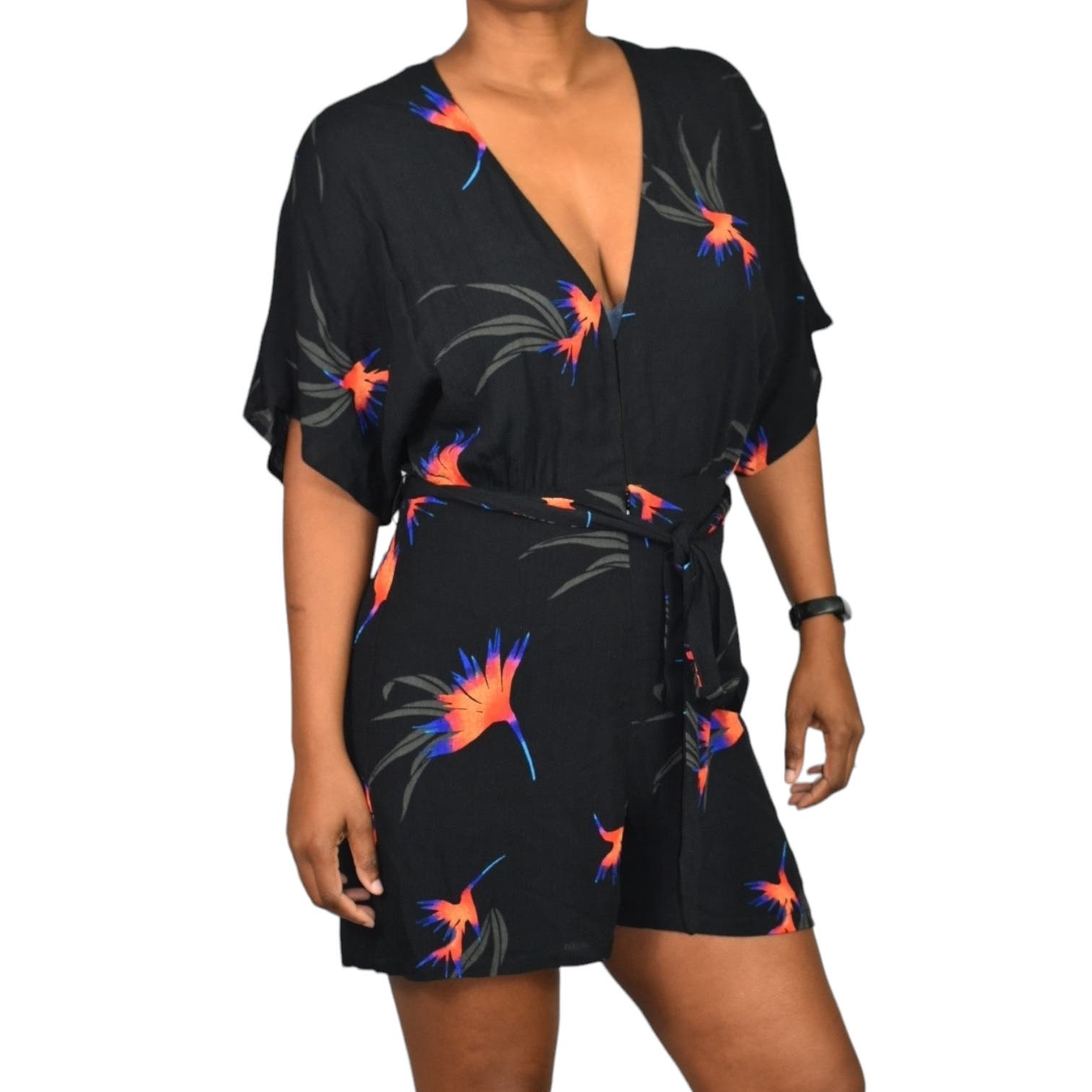 Knot Sisters Mucho Aloha Romper Black Tropical Floral Multi Print Viscose Belted Size Medium