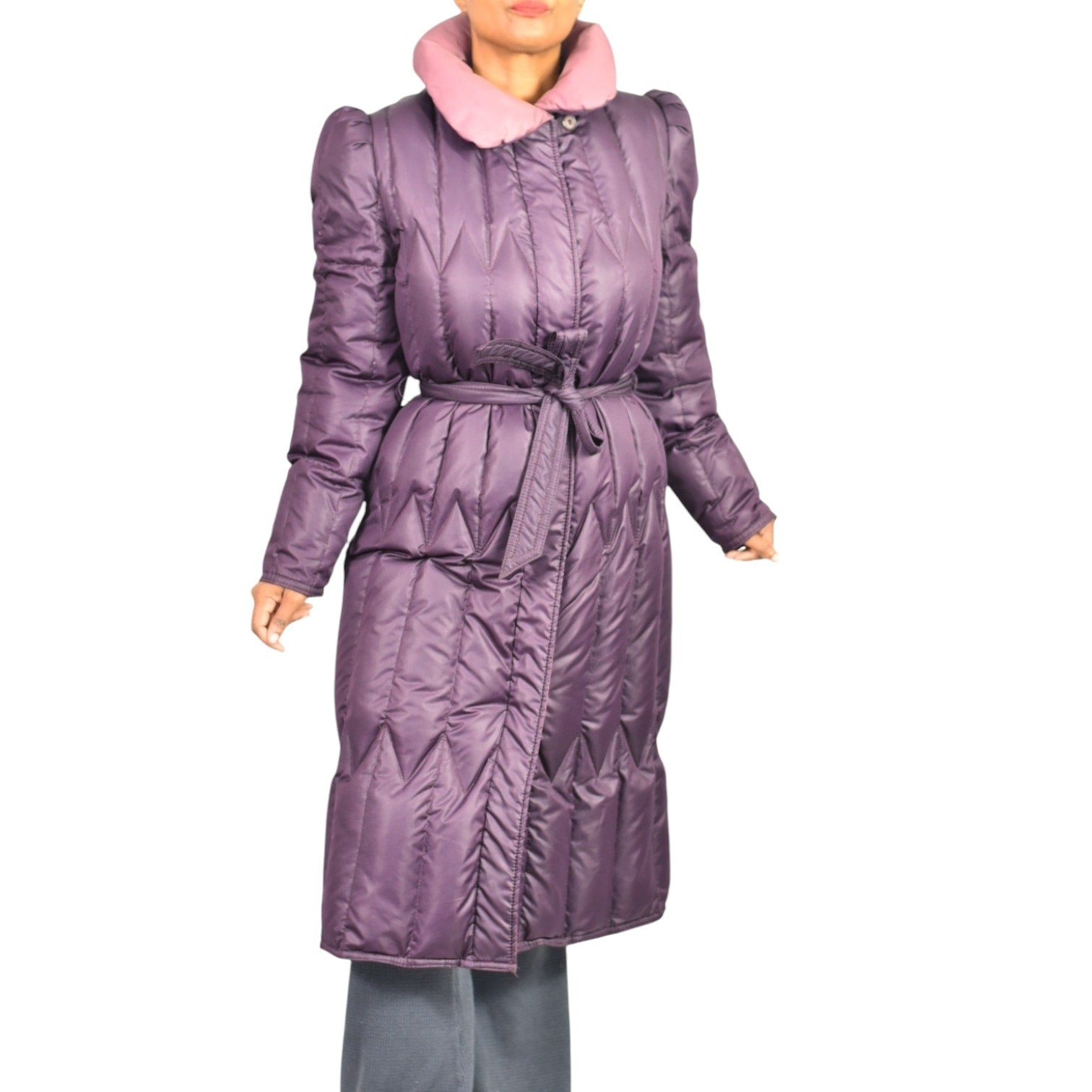 Vintage Quilted Puffer Coat Purple Duck Goose Down Long JayWear Originals Midi 80s Puff Sleeves Belted Winter Small