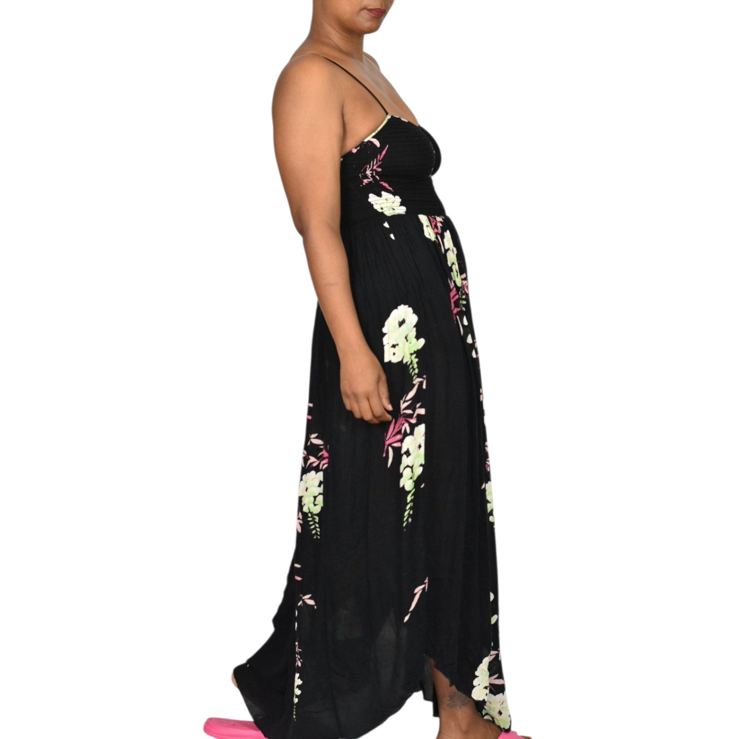 Free People Beau Midi Dress Black Floral Gauzy Smocked Slip Sweetheart Sundress XS