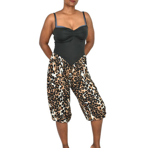 Vintage Leopard Print Jumpsuit Brown Cropped Harem Balloon Yoked 70s Sweetheart Straps Small