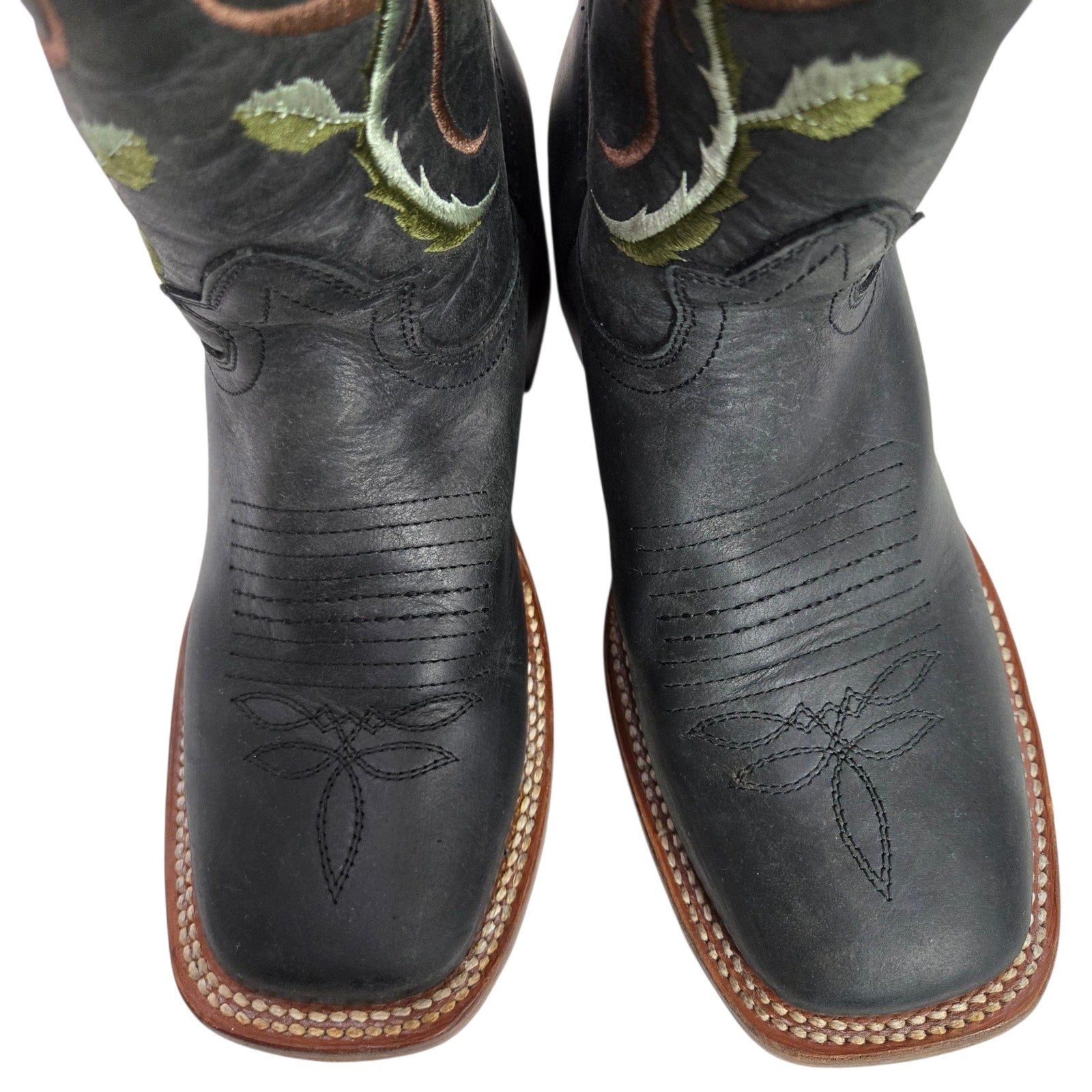 Rockem Rose Embroidered Cowboy Boots Black Western Cowgirl Square Toe Leather 7 Girls