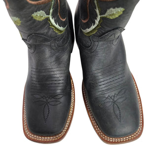 Rockem Rose Embroidered Cowboy Boots Black Western Cowgirl Square Toe Leather 7 Girls