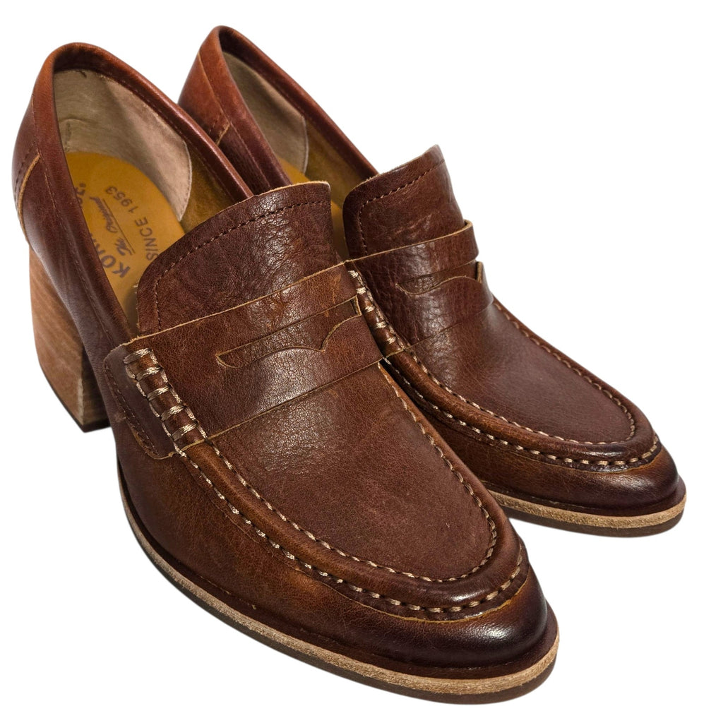 Kork Ease Modeste Penny Loafer Heels Brown Leather Pumps Chunky Block Slip On 8.5