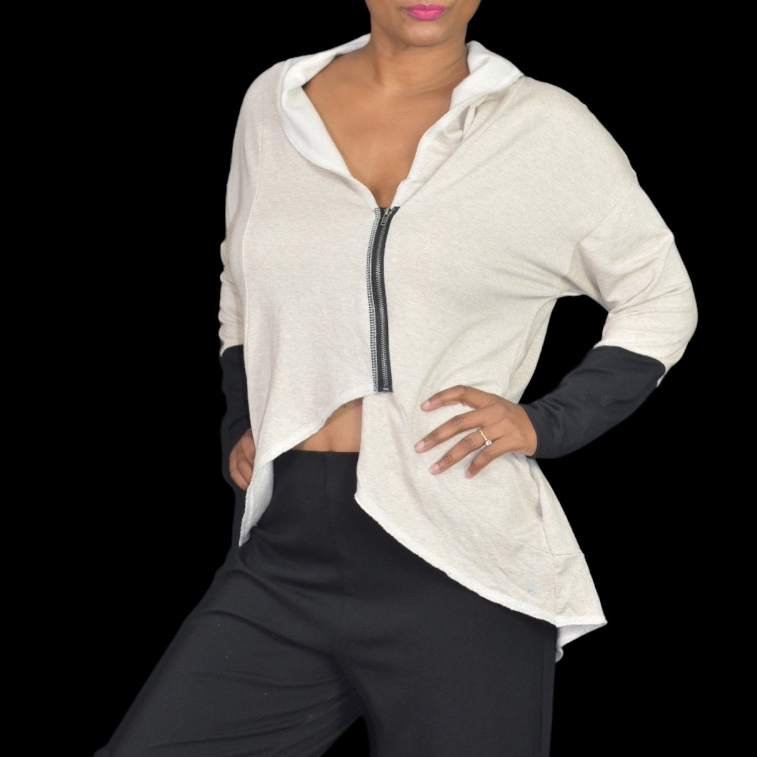 Nesh NYC Jersey Jacket Beige Asymmetric Zip Front Modal Cotton Stretch Activewear Size Medium