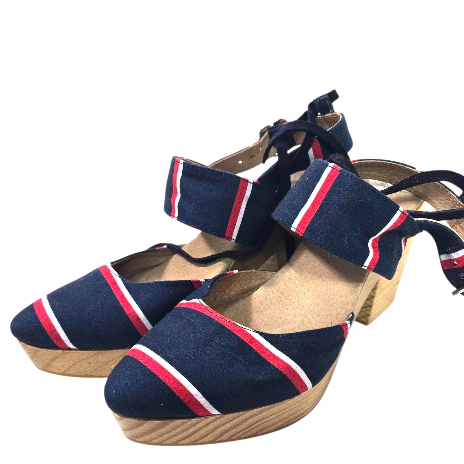 Free People Monaco Clogs Blue Navy Stripe Wrap Chunky Platform Wooden Heels 38 7.5