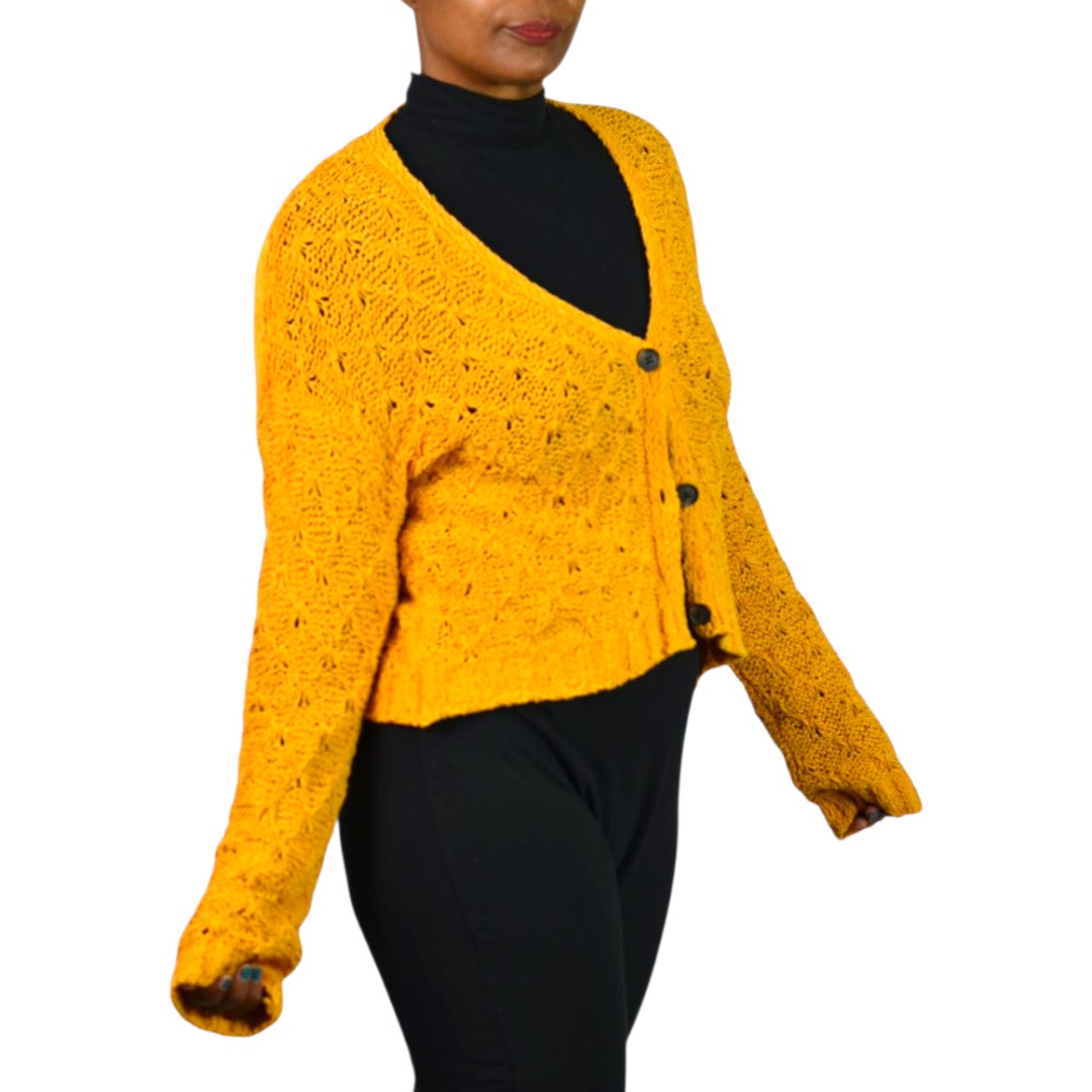 American Eagle Cropped Cardigan Sweater Yellow Slouchy Crochet Cotton Blend Knit Boxy V Neck XS
