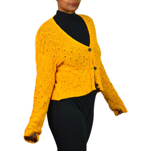 American Eagle Cropped Cardigan Sweater Yellow Slouchy Crochet Cotton Blend Knit Boxy V Neck XS
