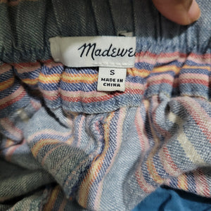Madewell Huston Crop Pants Blue Side Button Pull On Linen Stripe Wide Leg High Waist Small