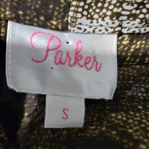 Parker Silk Print Mini Dress Brown Stripe Graphic Tassels Long Sleeve Tiered Size Small