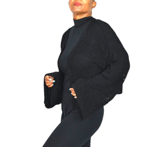 Anthropologie Open Weave Knit Cardigan Black Bell Sleeve Shrug Shawl Sweater One Size