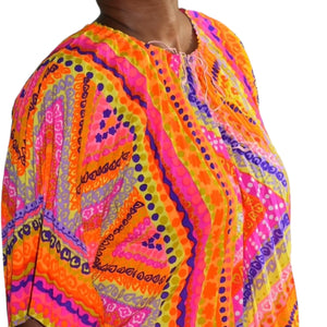 Vintage Abstract Psychedelic Accordion Caftan Dress Pink Geo Neon Dayglo Rainbow Print Maxi 60s 70s One Size S M L