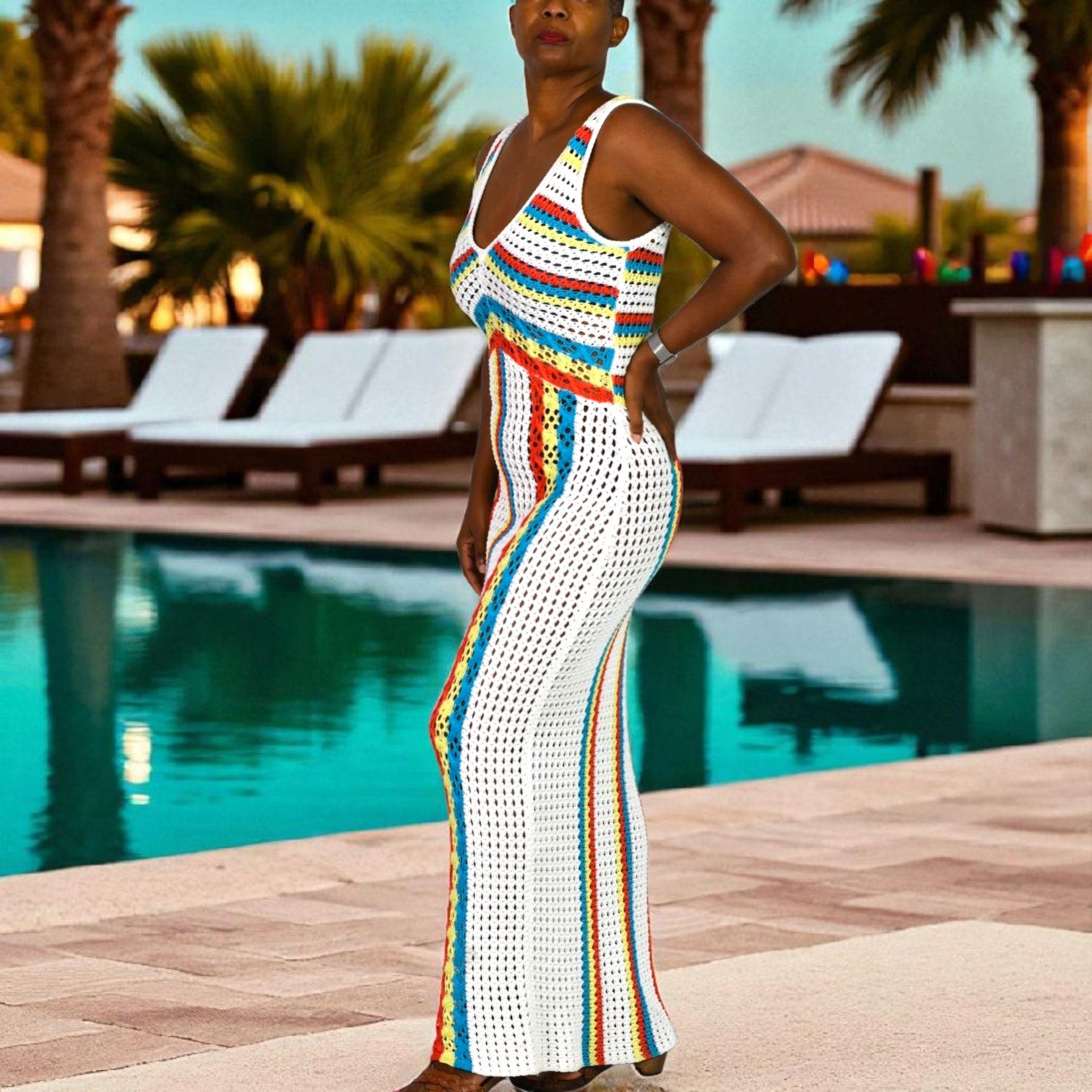 Solid Striped Aubrey Crochet Maxi Cover Up Dress White Rainbow Vertical Stripe Knit Small