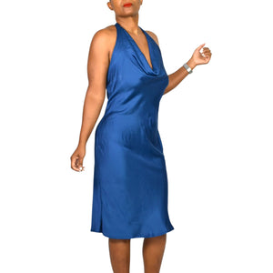 Young Fabulous Broke Rebel Slip Dress Blue Halter Midi Rayon Cowl Silky Satin YFB Small