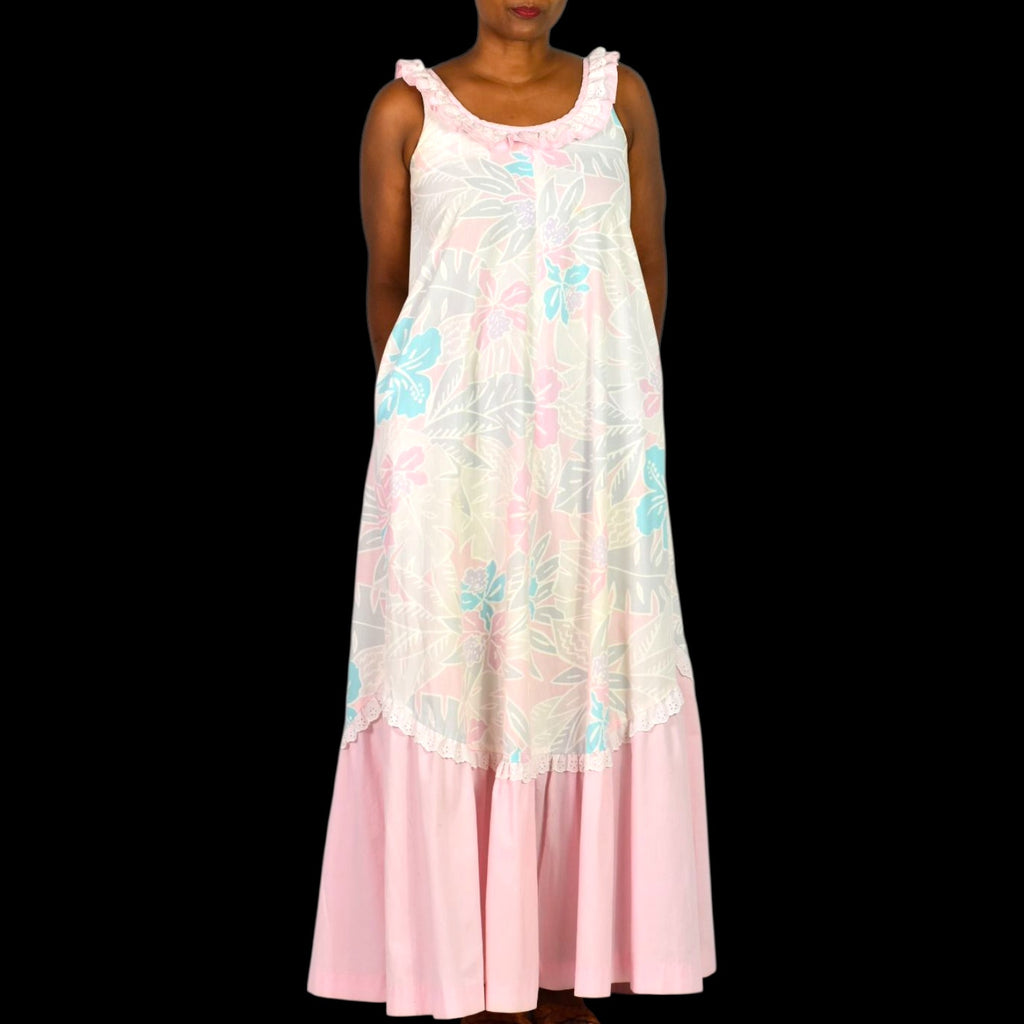 Vintage Hilda Hawaii Dress Pink Pastel Hawaiian Floral Maxi Tiered Eyelet Muumuu Small