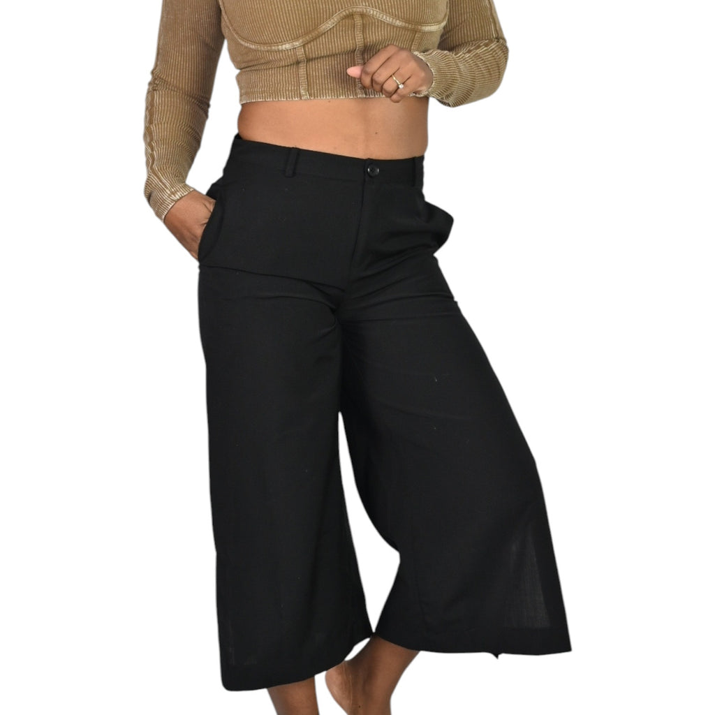 Robert Rodriguez Crop Flare Pants Black Side Buttons Wool Trousers Wide Leg Size 2