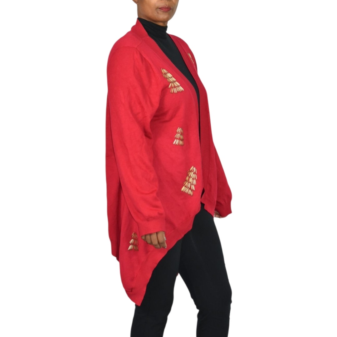 Michael Simon Cardigan Sweater Red Duster Beaded Christmas Trees Asymmetric Cotton Plus 1X