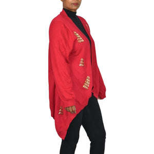 Michael Simon Cardigan Sweater Red Duster Beaded Christmas Trees Asymmetric Cotton Plus 1X