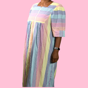 Vintage Saybury Rainbow Stripe Dress Pink Seersucker Sundress Long Patio House Sack Housecoat Muumuu Large